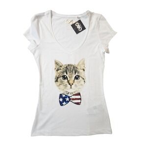 G by Guess Los Angeles Women's T-Shirt Lexi Cat Tee Short Sleeve, White, Size S